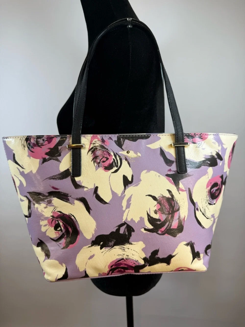 Kate Spade Floral Tote Cream Purple Leather Shoulder Bag Large Chic